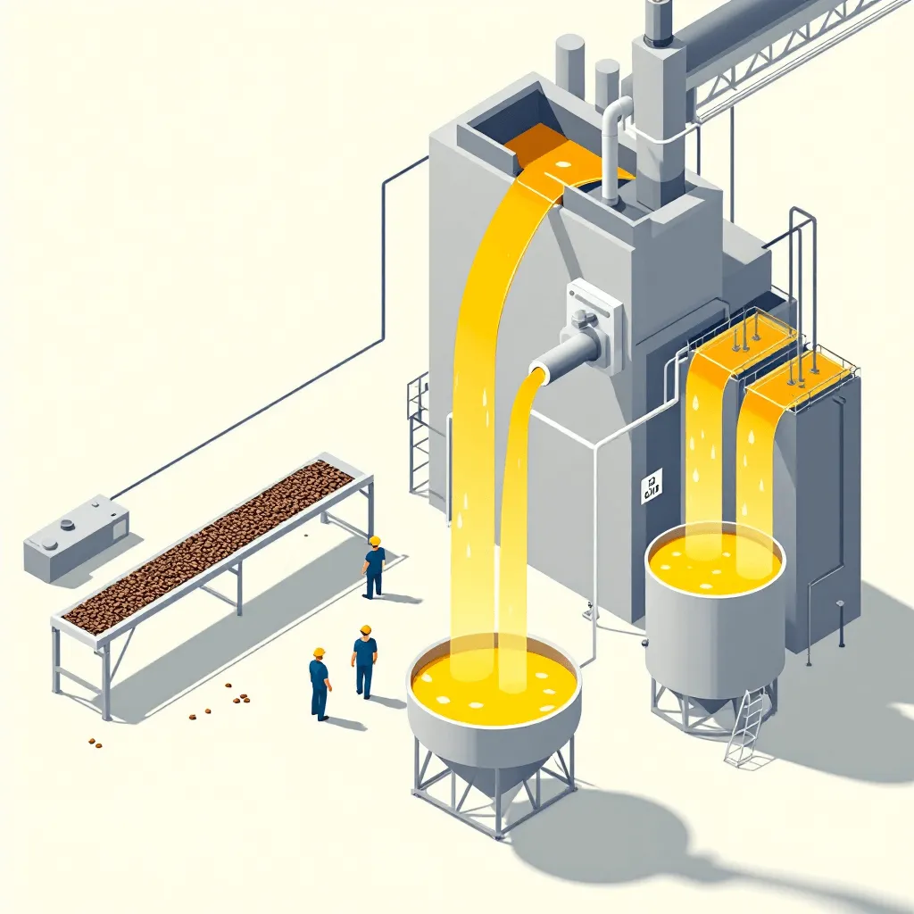 Illustration of the oil extraction process: seeds on a conveyor feed the extraction plant, and oil flows into storage tanks
